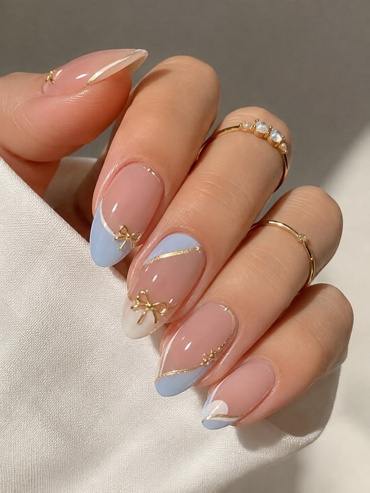 Soft Blue Summer Nails 2026 | Elegant Baby Blue French Tips & Gold Bow Nail Art