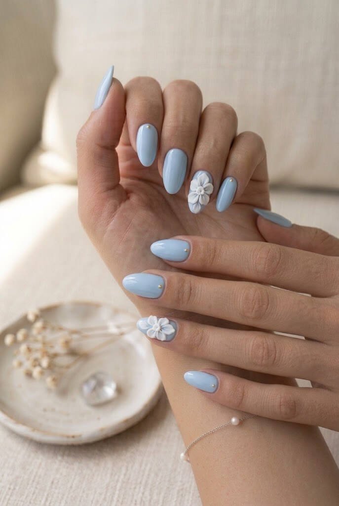 Baby Blue 3D Flower Nails