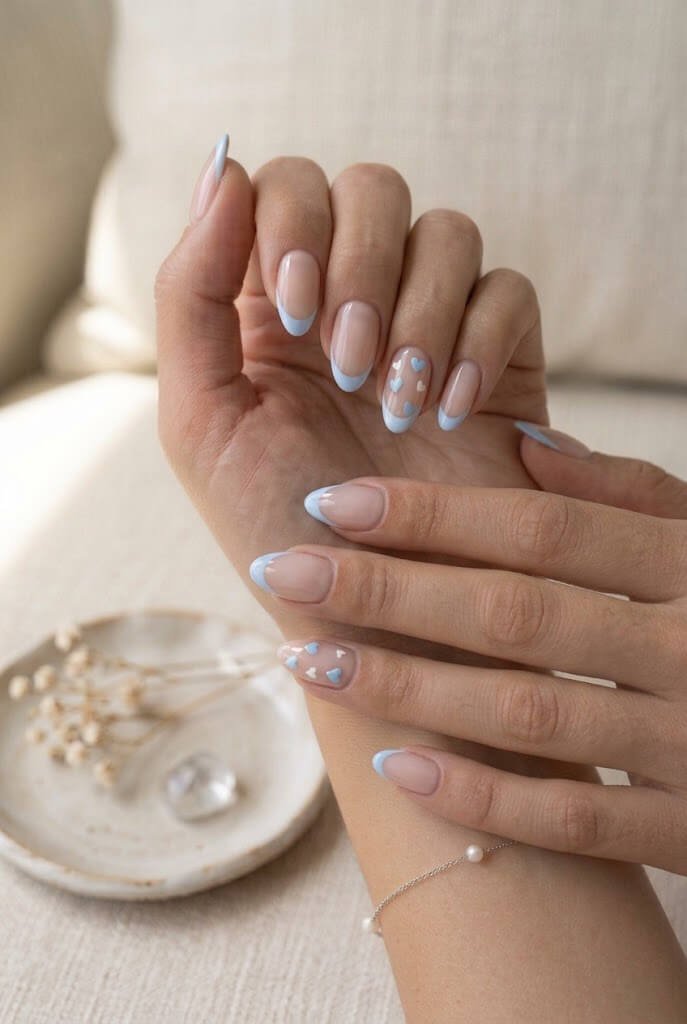 Baby Blue French With Tiny Hearts