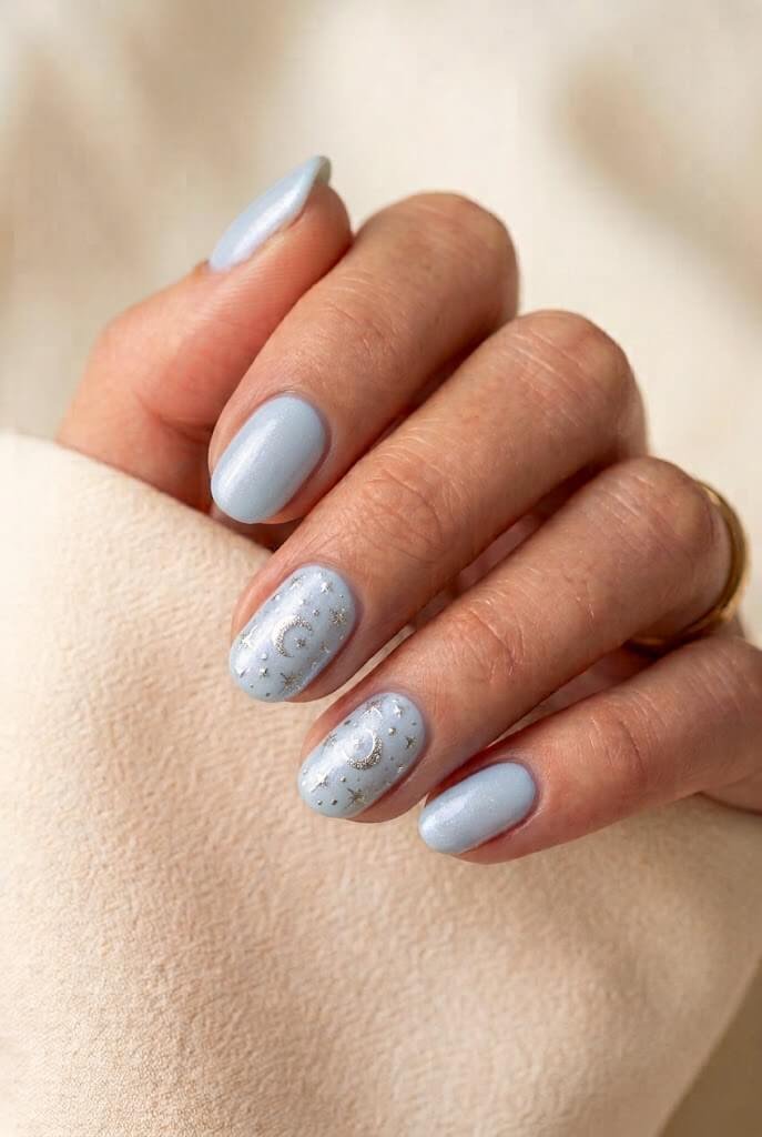 Baby Blue and Silver Celestial Nails