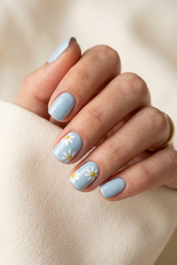 Baby Blue and White Daisy Nails