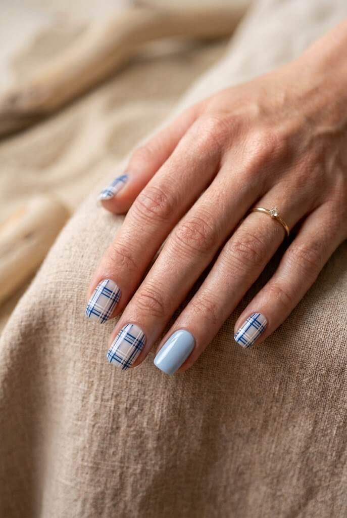 Powder Blue Plaid Nails